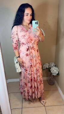 Studio Focus Women's Pink Floral V-Neck 3/4 Sleeve Maxi Dress with Waist Tie
